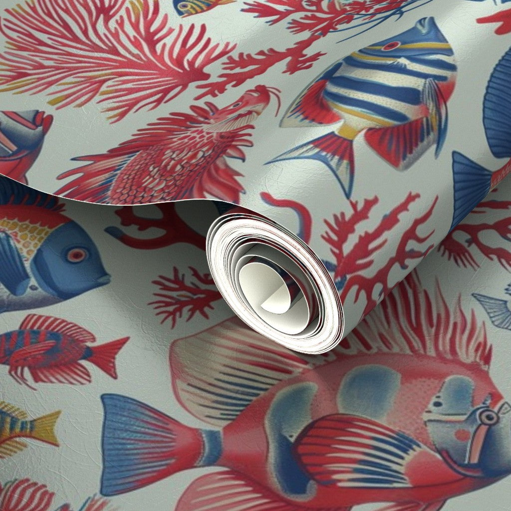 Detail of the shimmering pearlescent surface of Red Fish, Blue Fish metallic wallpaper in Light Blue.