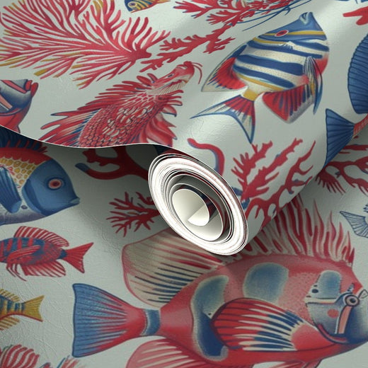 Detail of the shimmering pearlescent surface of Red Fish, Blue Fish metallic wallpaper in Light Blue.