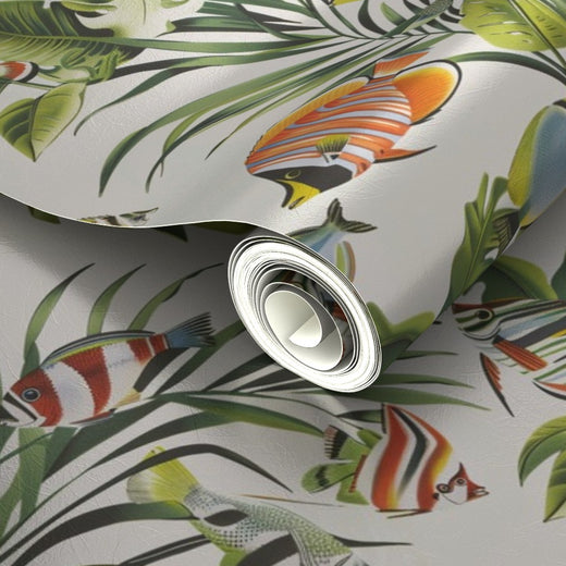 Detailed view of the pearlescent sheen on the metallic aquatic wallpaper.
