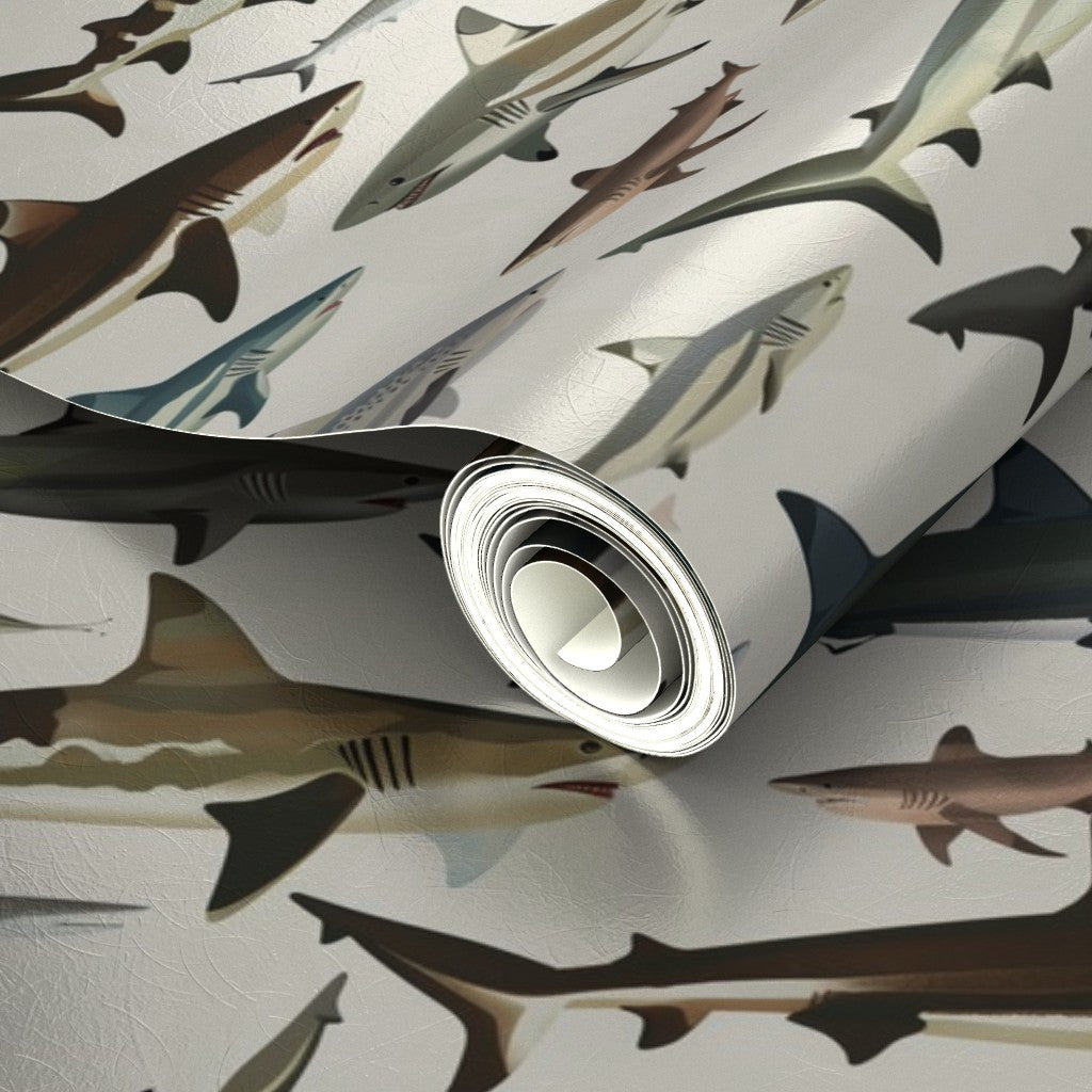 Deep blue metallic wallpaper showing repeating shark silhouettes.