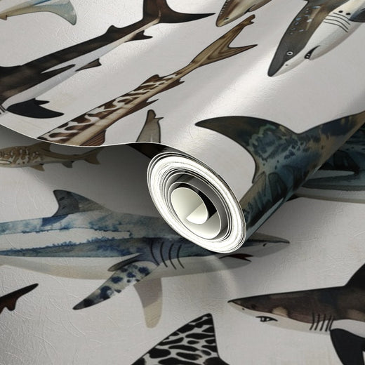 Alternative view of the pearl-finish metallic Watercolor Sharks wallpaper design