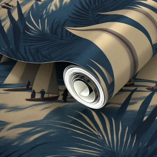 Pearlescent finish detail on wave blue maritime sailboat wallpaper.
