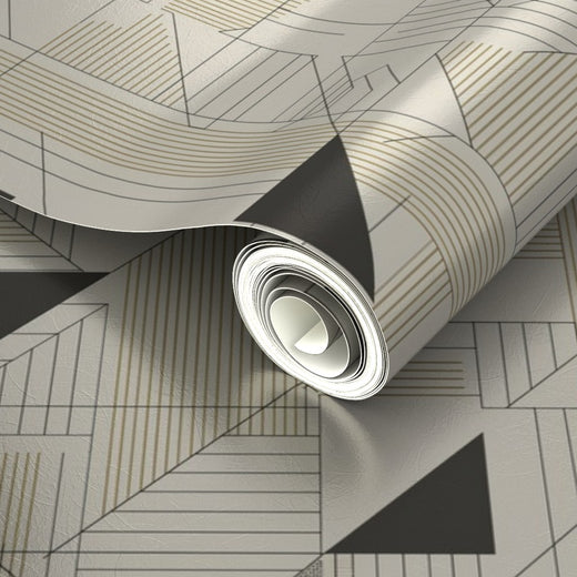 Detailed view of the pearlescent, reflective lines on the metallic Atelier Geometry wallpaper.