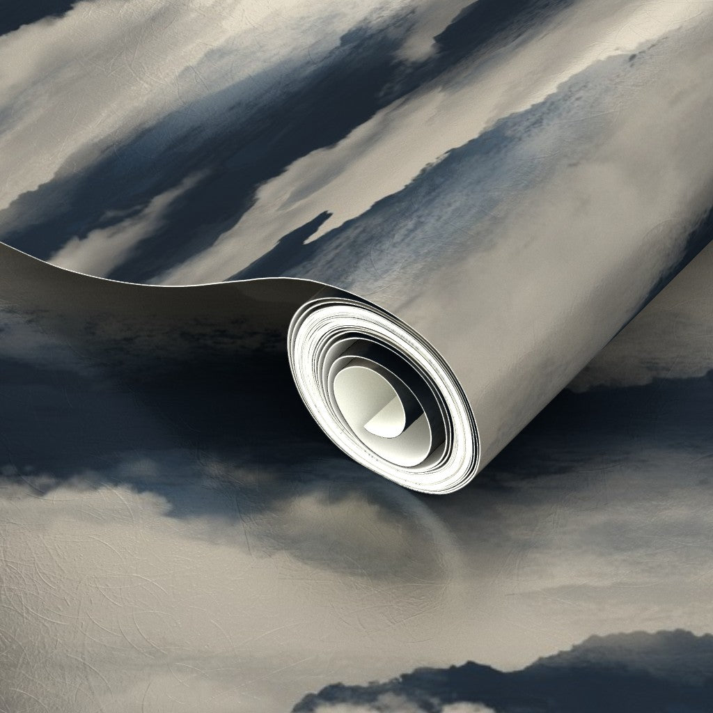 Detail of the pearlescent sheen on Moonlit Clouds metallic celestial wallpaper.