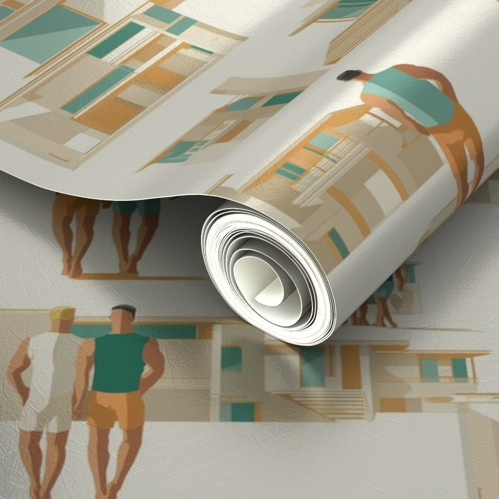 Slightly angled view of the metallic wallpaper option reflecting light across the minimalist design.