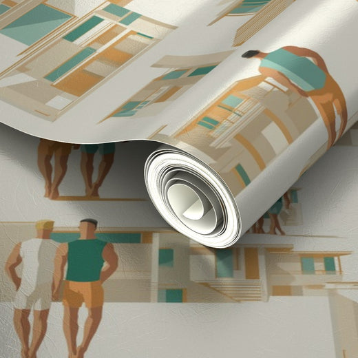 Slightly angled view of the metallic wallpaper option reflecting light across the minimalist design.