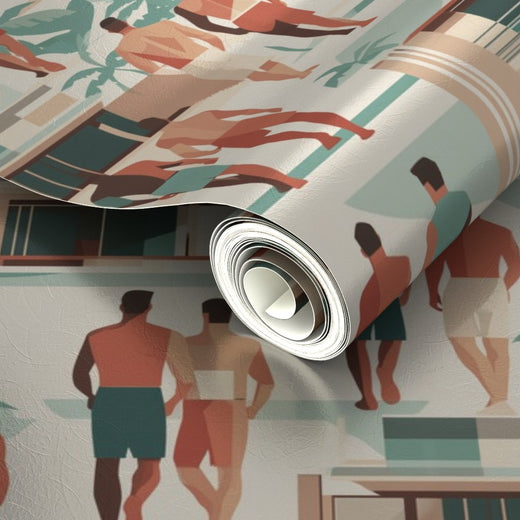 Luminous reflection on the metallic modernist wallpaper, showcasing refined detail.