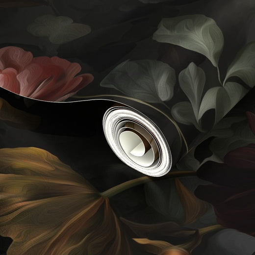 Close-up highlighting the subtle sheen and movement of the metallic botanical wallpaper finish.