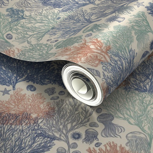Close-up of the luminous metallic shimmer on Jelly Reef wallpaper in Sun Bleached.
