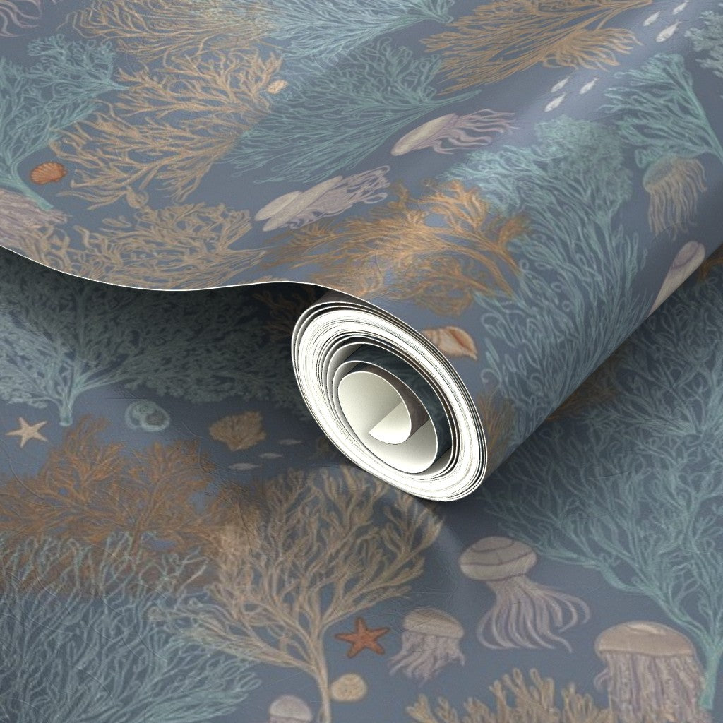 Detailed view of subtle metallic shimmer on Marina Blue Jelly Reef wallpaper.