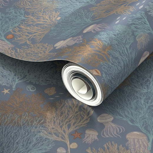 Detailed view of subtle metallic shimmer on Marina Blue Jelly Reef wallpaper.