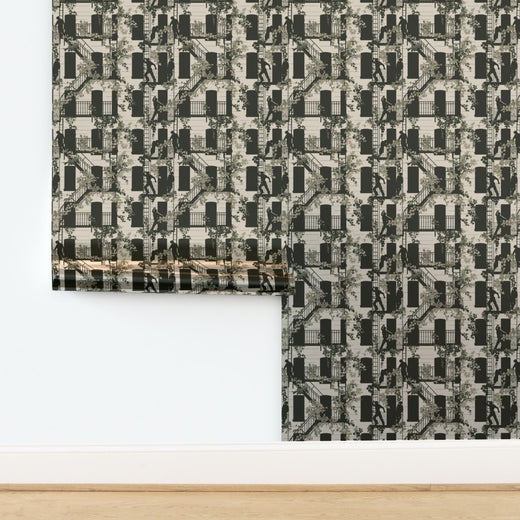 Modern metallic finish on the White Greenwich Village street scene narrative wallpaper.