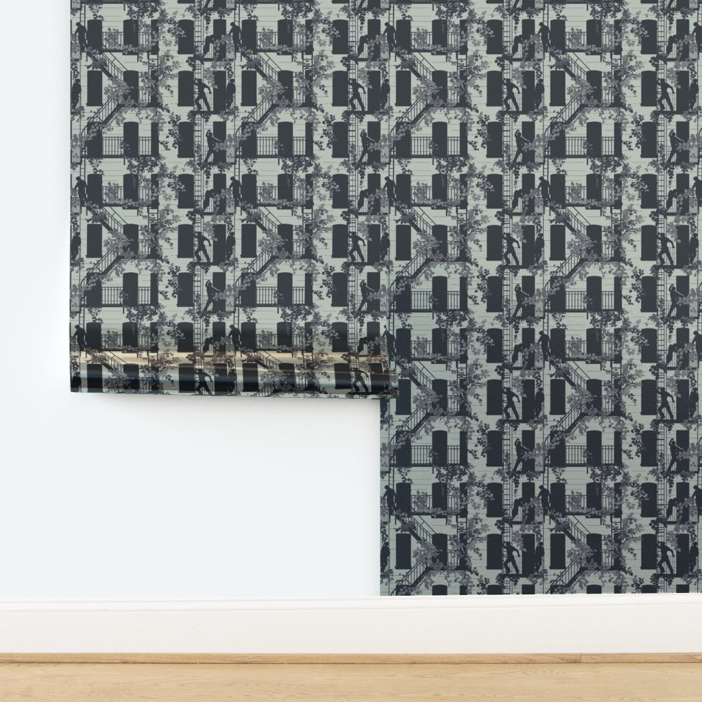 Sophisticated metallic finish on the Mint colorway of the Greenwich Village street scene wallpaper.