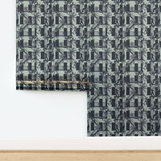 Sophisticated metallic finish on the Mint colorway of the Greenwich Village street scene wallpaper.