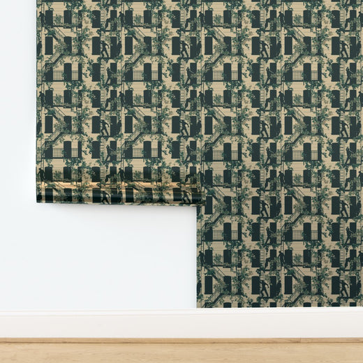 Lustrous metallic finish on the Cream colorway of the Greenwich Village street scene wallpaper.