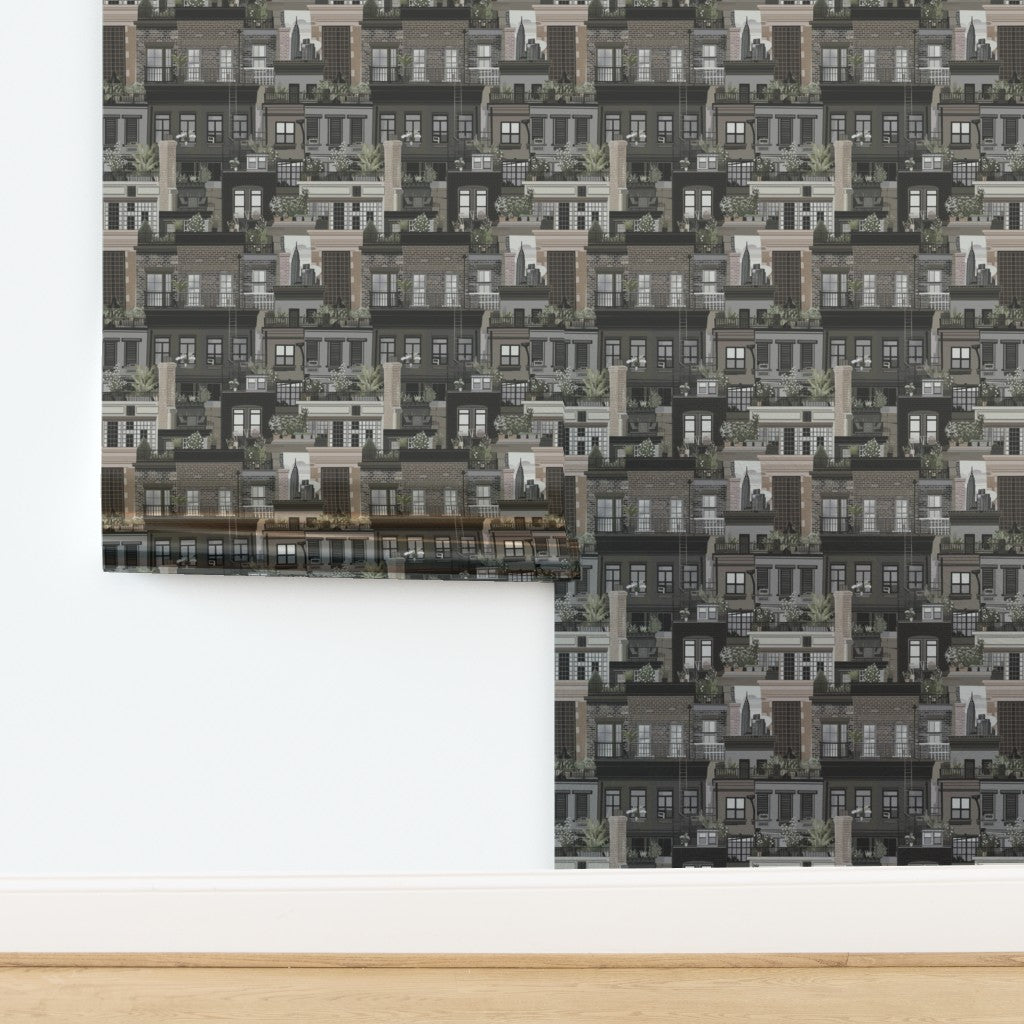 West Village Rooftops wallpaper in Earth tones on metallic paper substrate.