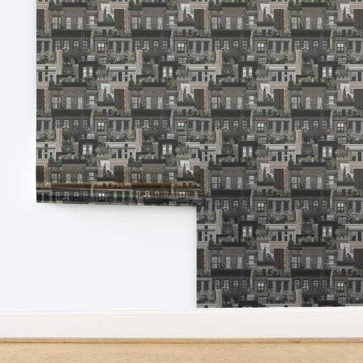 West Village Rooftops wallpaper in Earth tones on metallic paper substrate.