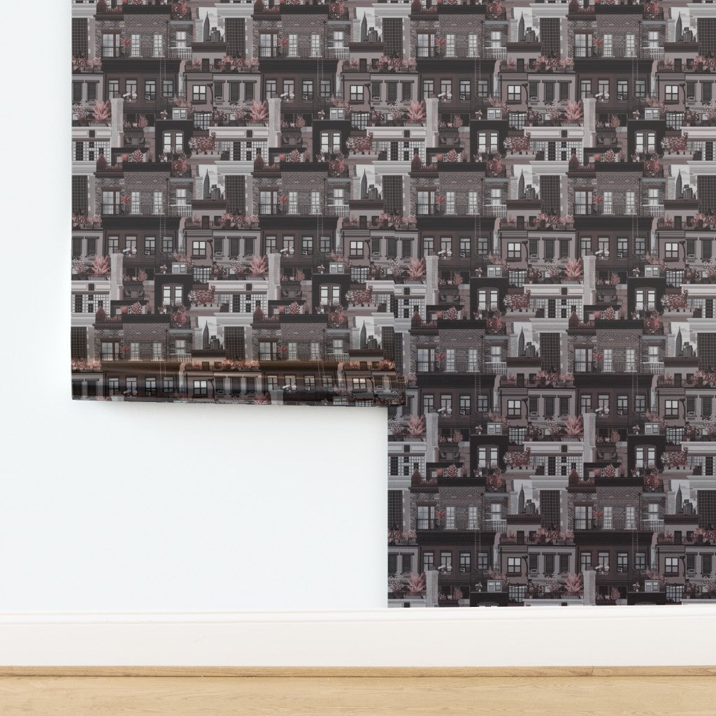 West Village Rooftops wallpaper in Oxblood printed on metallic substrate.