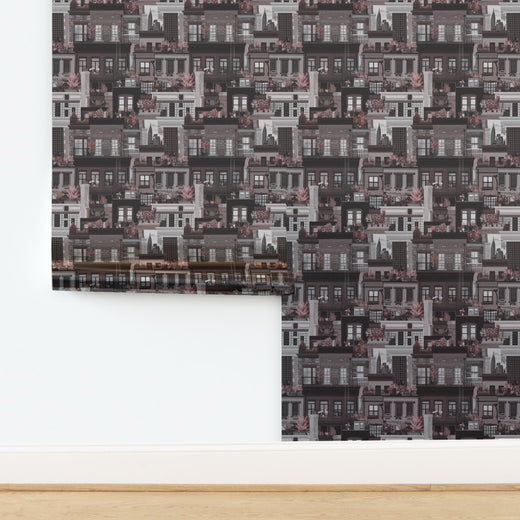 West Village Rooftops wallpaper in Oxblood printed on metallic substrate.