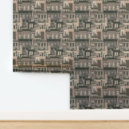 West Village Rooftops wallpaper in Beige on metallic paper substrate.