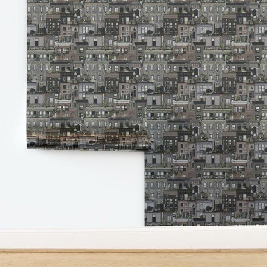 Planted Terraces wallpaper in Grey with a luminous metallic finish.