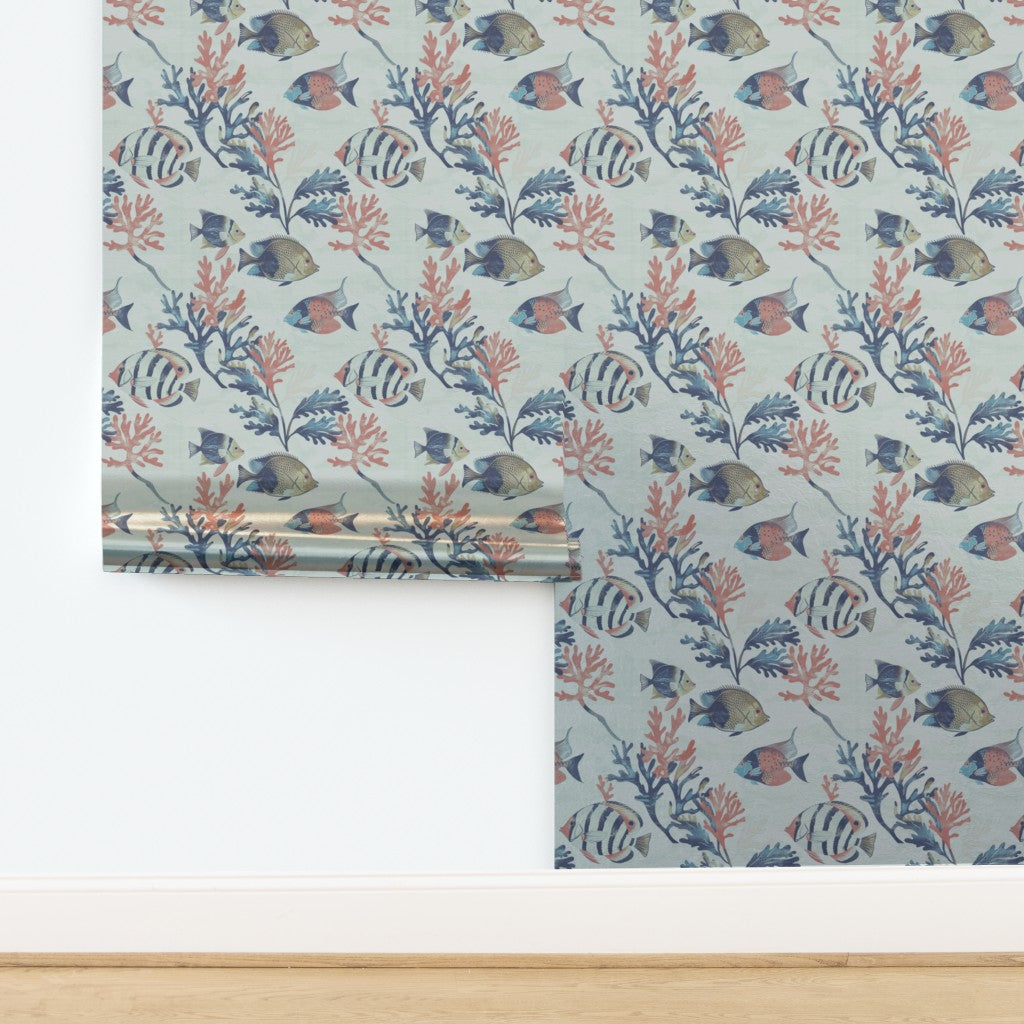 Metallic pearlescent finish of the marine life wallpaper in a subtle light blue.