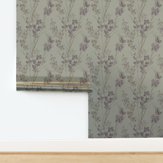 Pearlescent metallic backing on Canary yellow floral wallpaper.