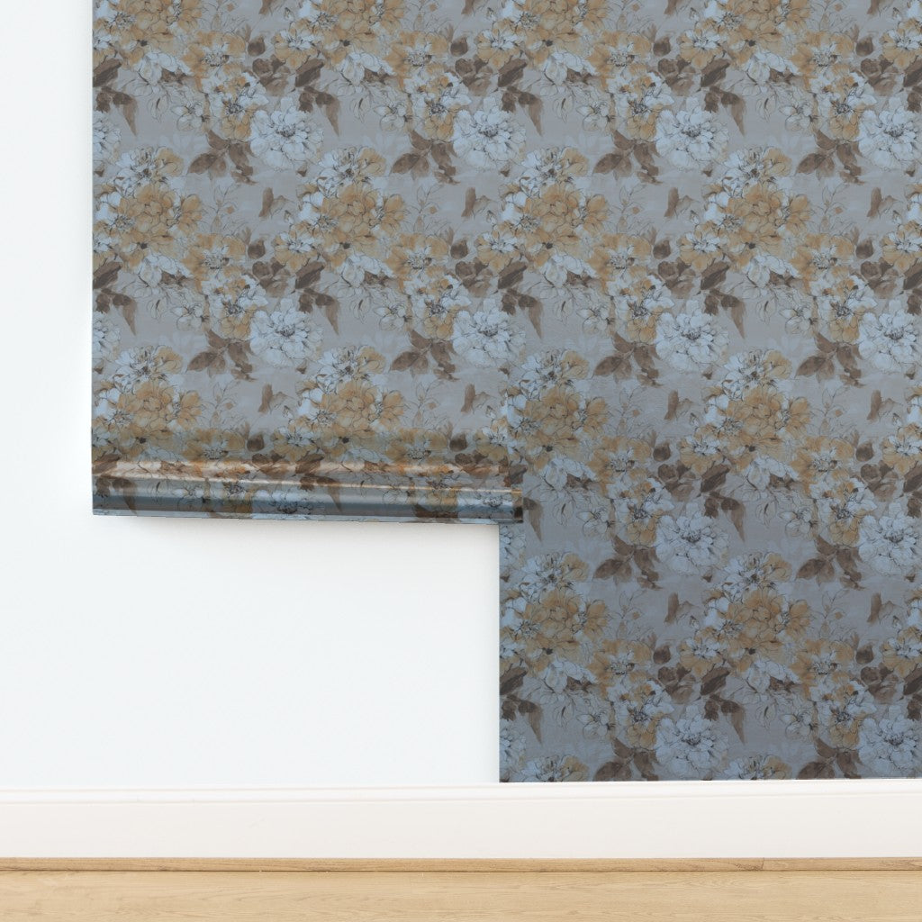 Luminous metallic wallpaper swatch with watercolor botanical print.