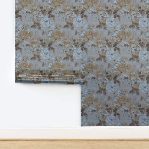 Luminous metallic wallpaper swatch with watercolor botanical print.