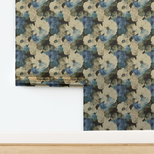 Luminous pearlescent Sheer Peonies wallpaper sample in soft Latte.
