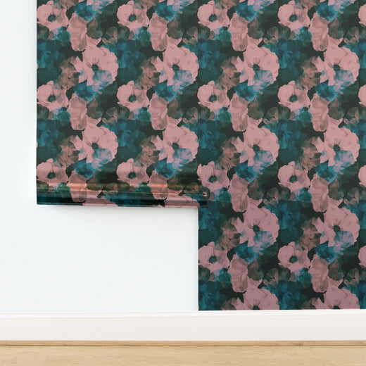 Metallic pearlescent Sheer Peonies wallpaper sample in Sangri colorway.