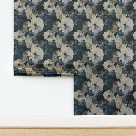Luminous pearlescent metallic sample of Sheer Peonies wallpaper in Scandi.