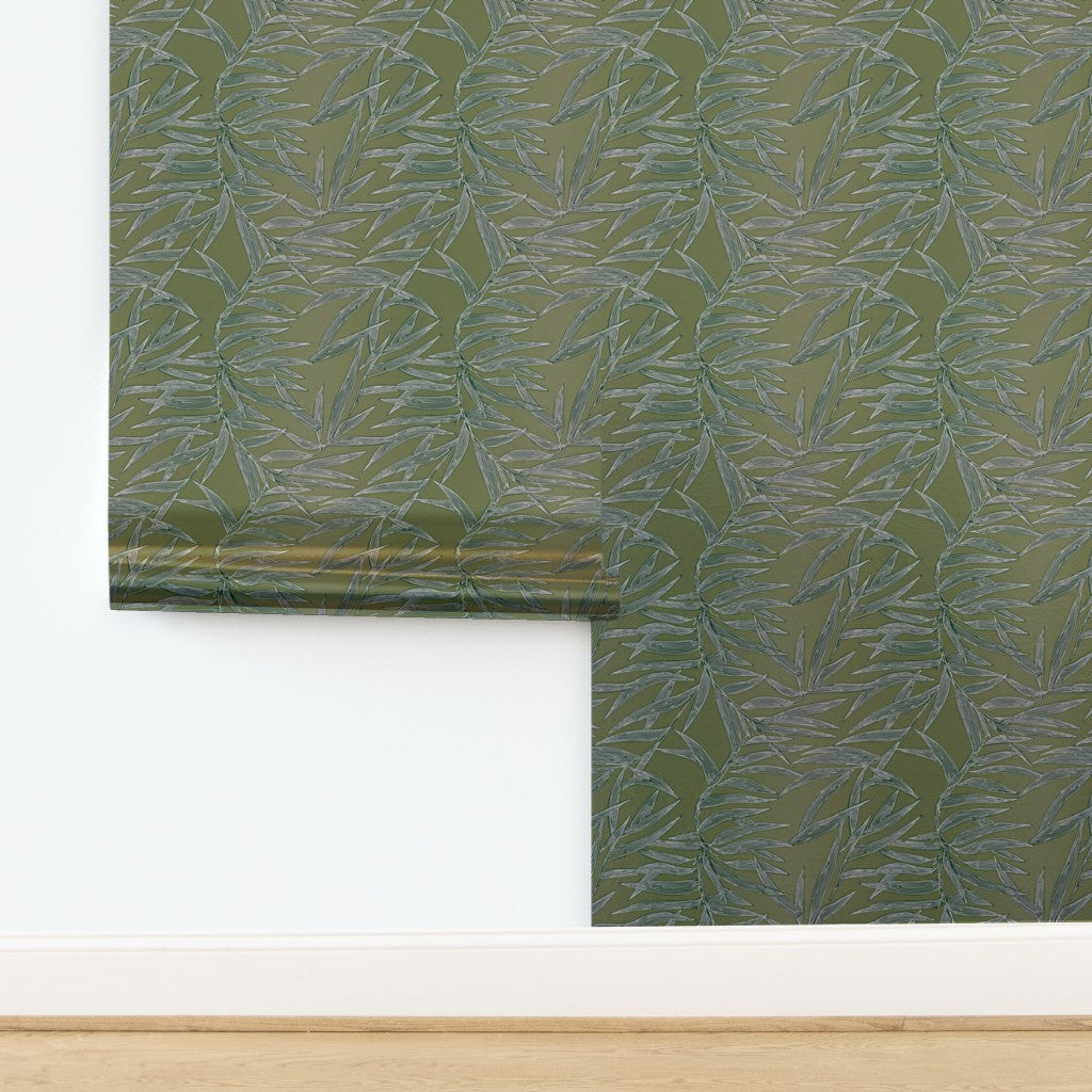 Moss green Bamboo wallpaper on a subtle metallic pearlescent backing.