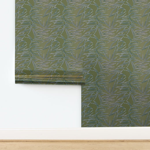 Moss green Bamboo wallpaper on a subtle metallic pearlescent backing.