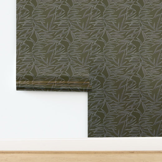 Luminous metallic finish on the Olive green Bamboo wallpaper.