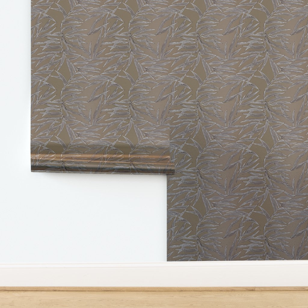 Metallic finish detail of the botanical bamboo pattern in Dove grey.