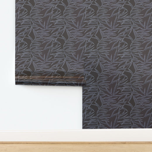 Luminous metallic finish on Taupe botanical bamboo pattern wallpaper.