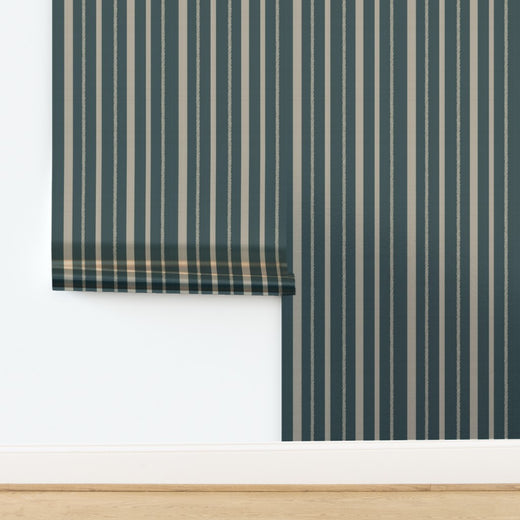 Metallic finish edition of the teal striped wallpaper reflecting natural light