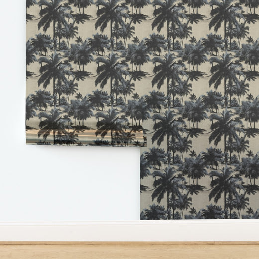 Metallic pearlescent palm wallpaper swatch capturing light reflection.