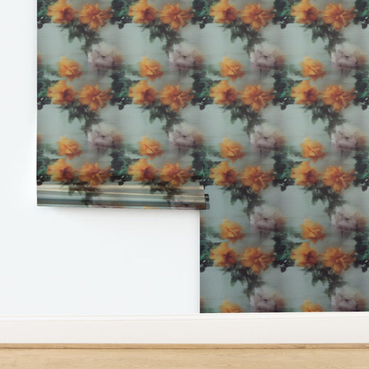 Ethereal Rose Veil wallpaper in luminous metallic finish, illustrating the subtle pearlescent sheen.