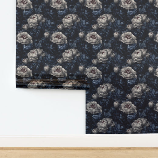 Luminous metallic finish Indigo Bloom Ballad wallpaper displayed on a powder room accent wall