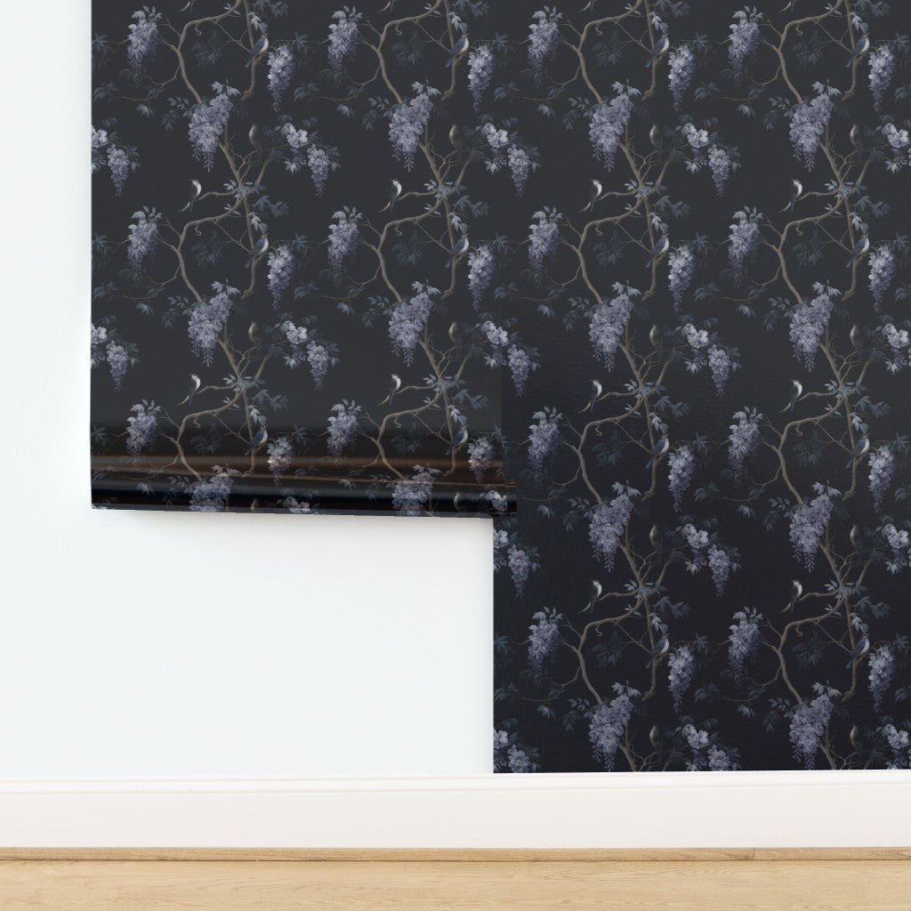 Metallic wallpaper option with pearlescent finish reflecting light on the wisteria design