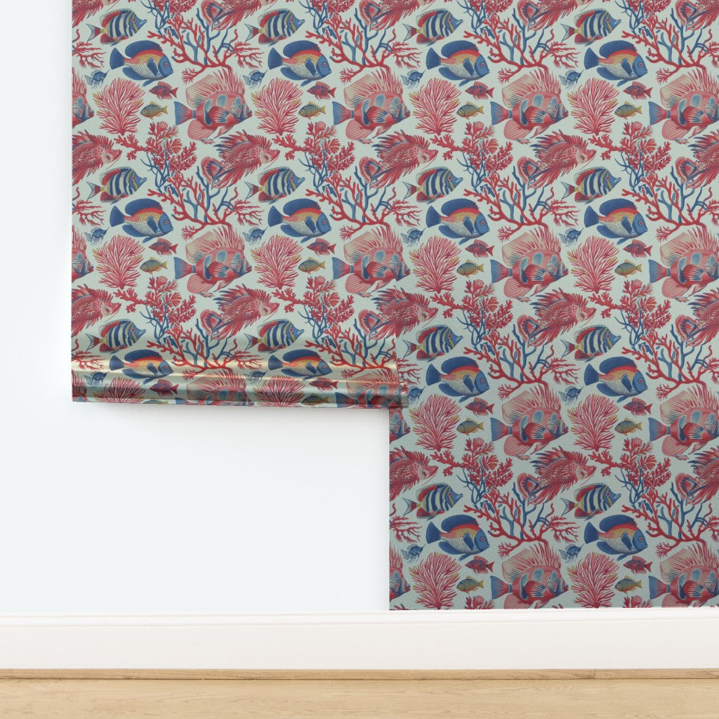 Red Fish, Blue Fish metallic wallpaper in Light Blue Ground, displaying soft light reflection.