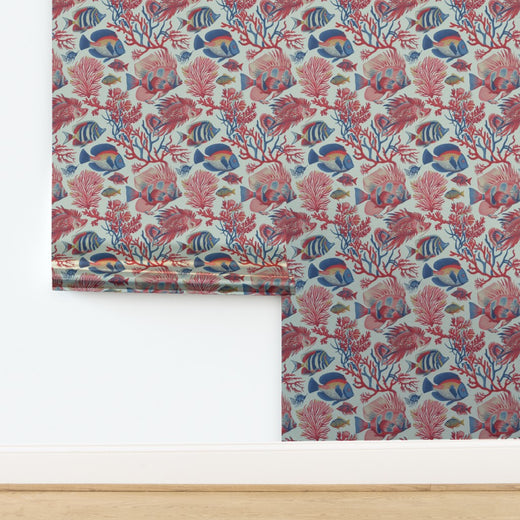 Red Fish, Blue Fish metallic wallpaper in Light Blue Ground, displaying soft light reflection.