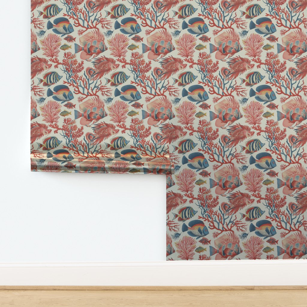 Red Fish, Blue Fish metallic wallpaper in Off White Ground, showcasing its luminous finish.
