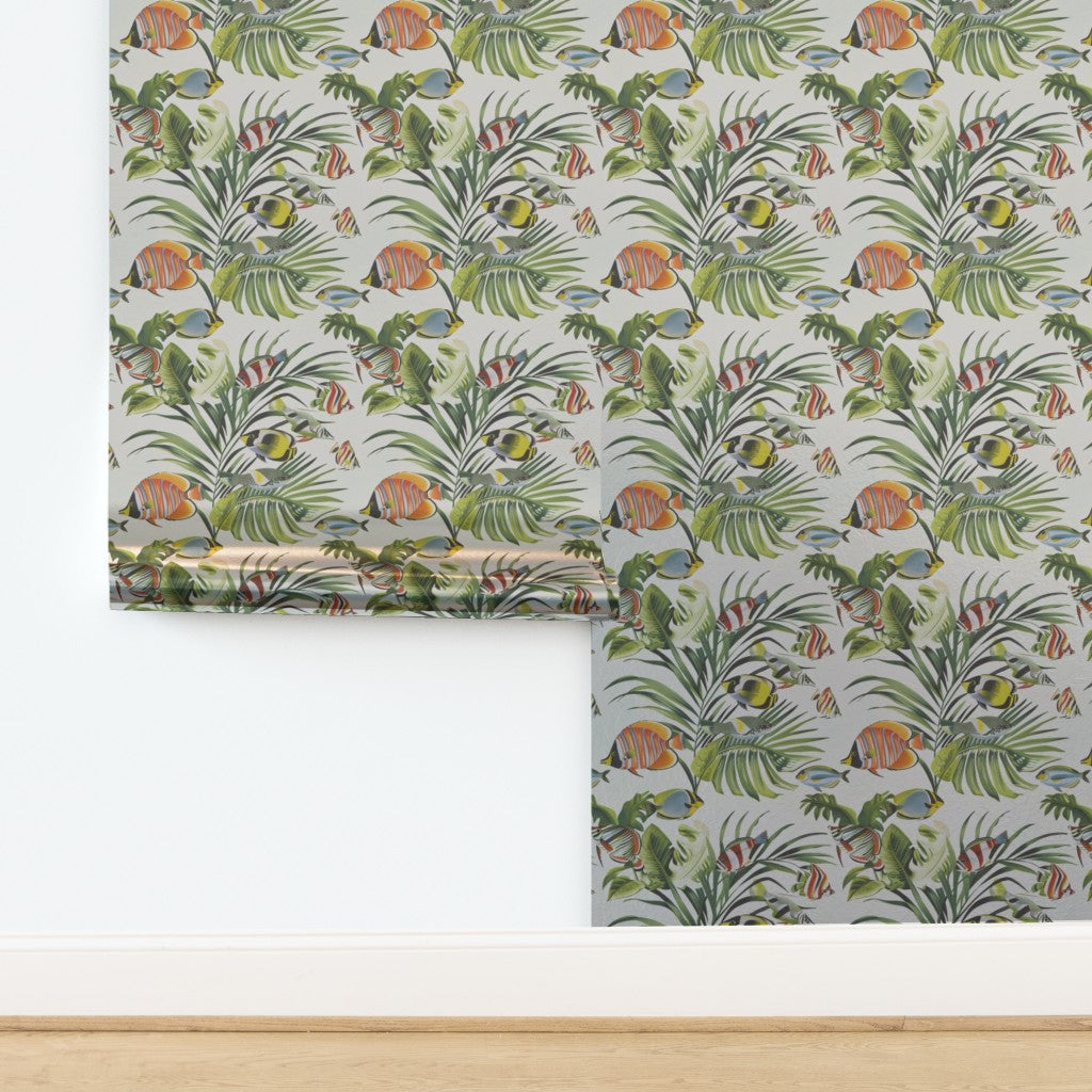 Luminous metallic variant of the Tropical Fish Tank wallpaper, showing pearlescent reflection.