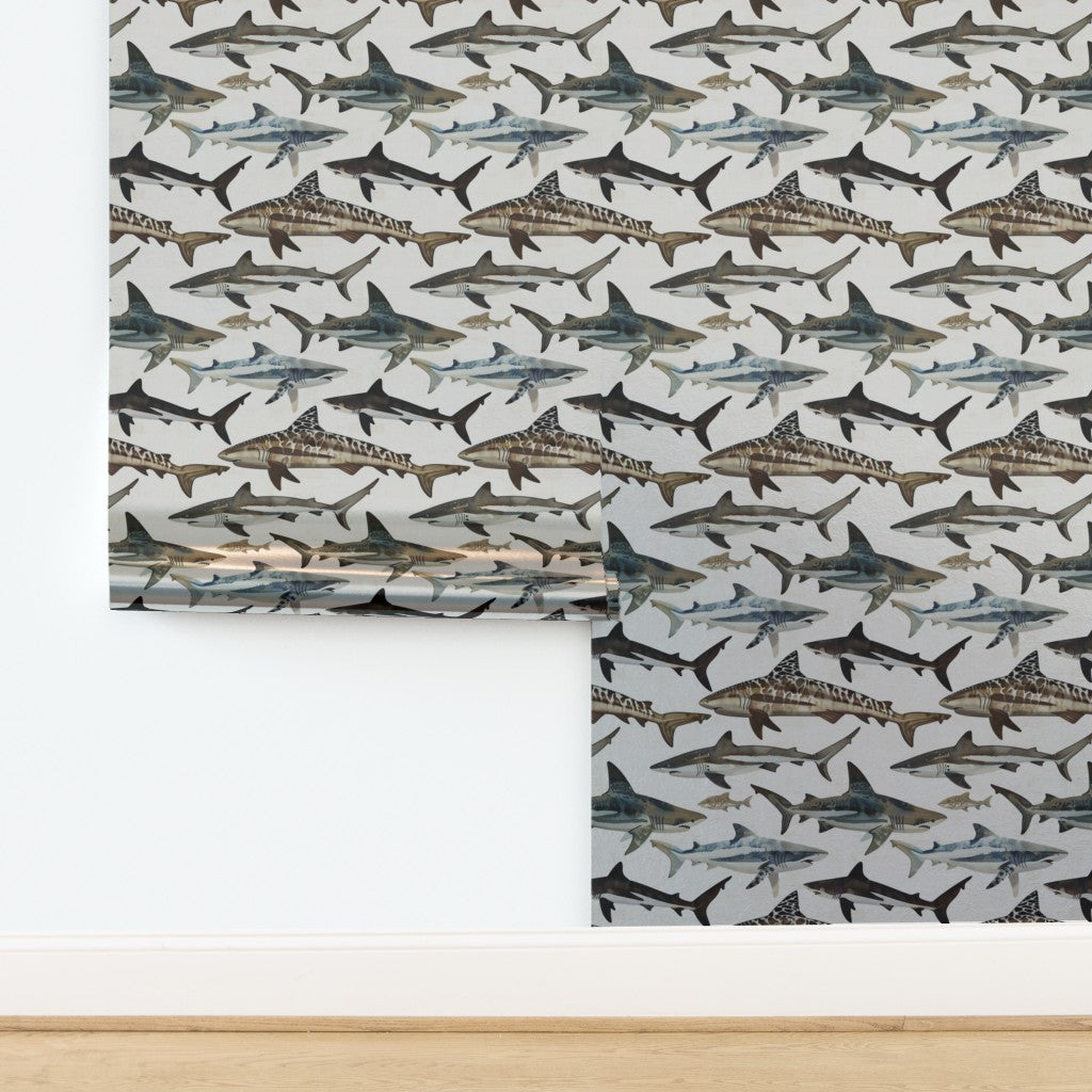 Luminous metallic paper version of the Watercolor Sharks wallpaper, highlighting ocean motifs