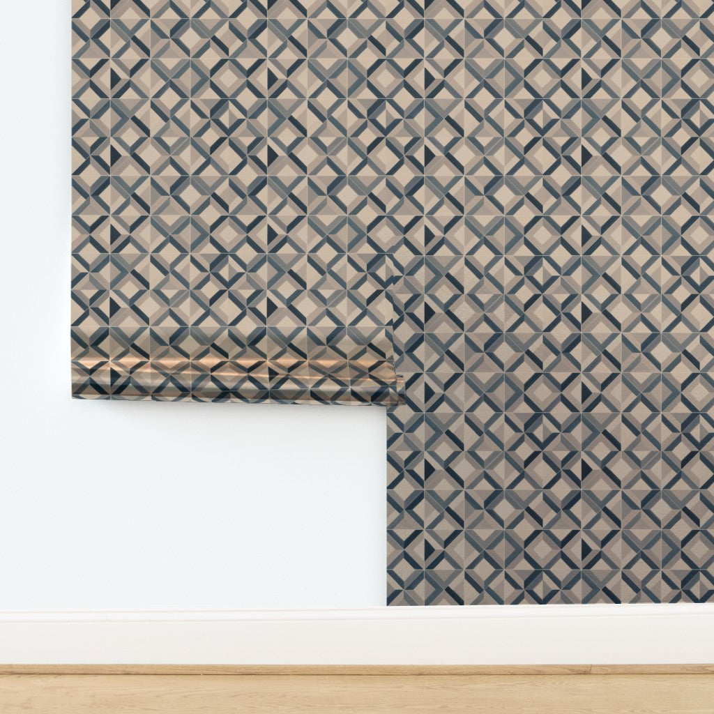 Ponti Geometric wallpaper in Ocean, luminous pearlescent metallic finish