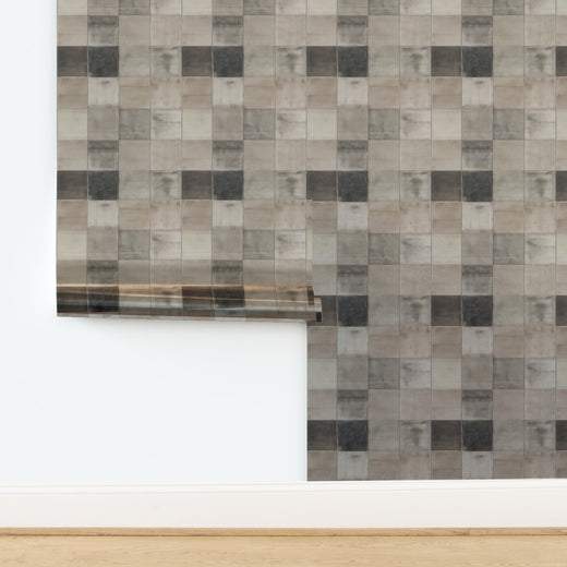 Luminous metallic finish on plaster patina tiles wallpaper