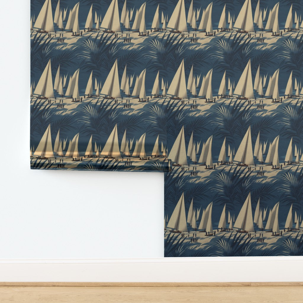 Luminous metallic finish wallpaper showcasing painterly sailboat pattern.